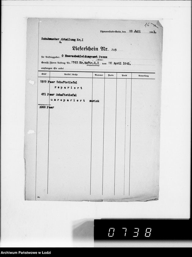 Obraz 20 z jednostki "Heeresbekleidungsamt Posen.Kriegsauftrag s.1/2"