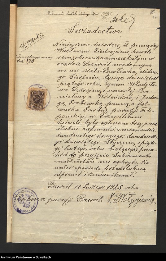 image.from.unit.number "Dokumenty przedstawione do aktów ślubnych w roku 1928 w filipowskiej r.k. parafji"