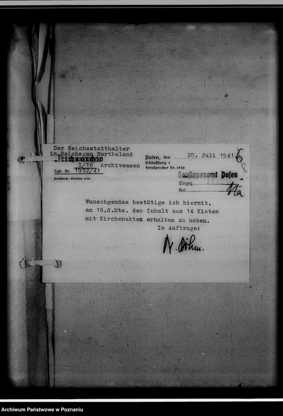 Obraz 12 z jednostki "[Korespondencja w sprawie przekazywania ksiąg kościelnych z Gausippenamt w Poznaniu do Reichsarchiv w Poznaniu]"