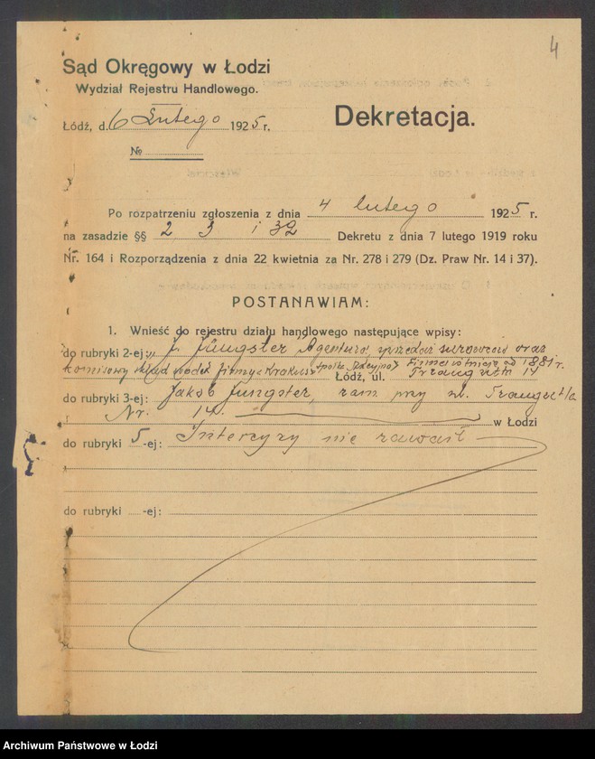 Obraz 6 z jednostki "Jakób Jűngster- agentura, sprzedaż surowców oraz komisowy skład wódek firmy "Krakus""