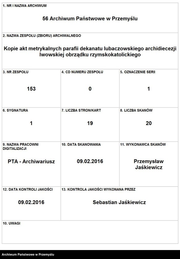 image.from.team "Kopie akt metrykalnych parafii dekanatu lubaczowskiego archidiecezji lwowskiej obrządku rzymskokatolickiego"