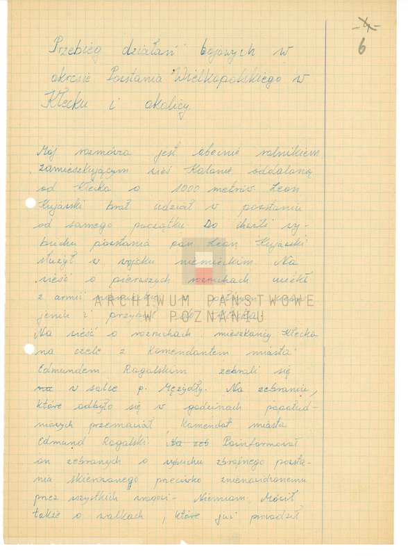 Obraz 16 z jednostki "Relacje i wspomnienia dotyczące powstania wielkopolskiego: 1. Kiełczewo, powiat Kościan, województwo poznańskie, 2. Kłecko, powiat Gniezno, województwo poznańskie, 3. Kościan, powiat Kościan, województwo poznańskie, 4. Kobylin, powiat Krotoszyn, województwo poznańskie, 5. Kowalewo, powiat Pleszew, województwo poznańskie, 6. Koźmin, powiat Turek, województwo poznańskie. Zdjęcia: s.64 - fotografia autora relacji."