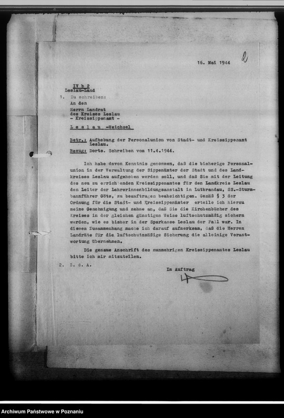 Obraz 6 z jednostki "Aufhebung der Personalunion von Stadt-und Kreissippenamt Leslau [Włocławek, województwo bydgoskie]"