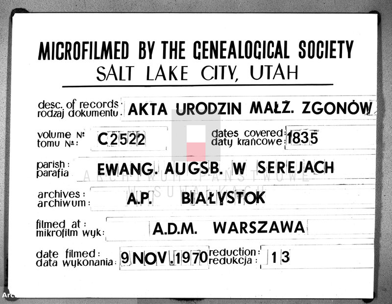 image.from.unit.number "Księga Duplikat Urodzonych, Zaślubionych i Zeszłych Urzędnika Stanu Cywilnego Parafii Ewangelickiey Sereyskiey na Rok 1835"
