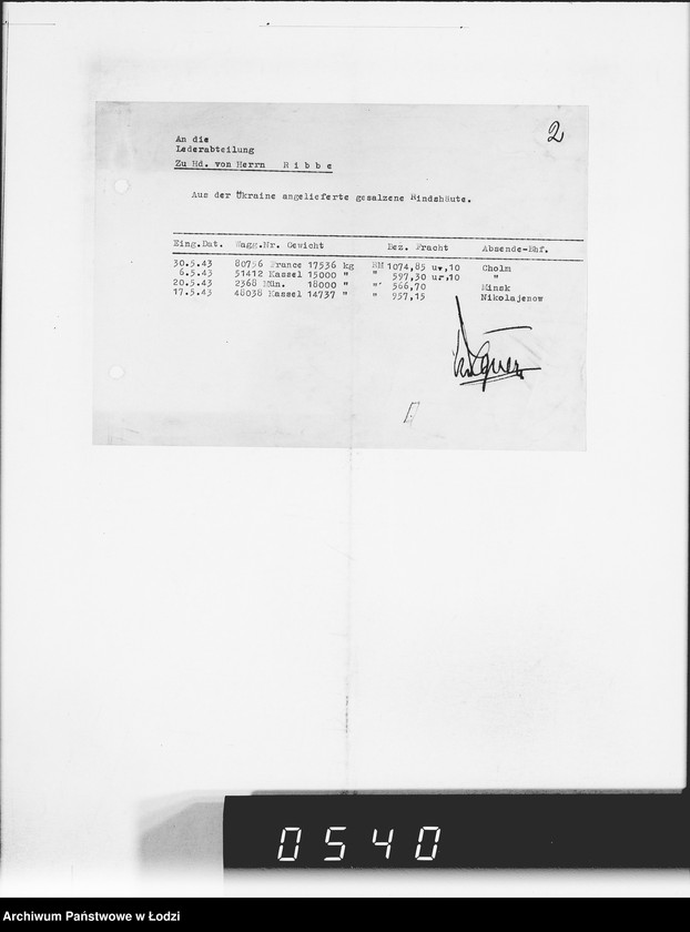 Obraz 6 z jednostki "Reichskommisar Ukraine. [Korespondencja w sprawie realizacji zamówień dla Ukraine Lederindustrie G.m.b.H w Równem]"