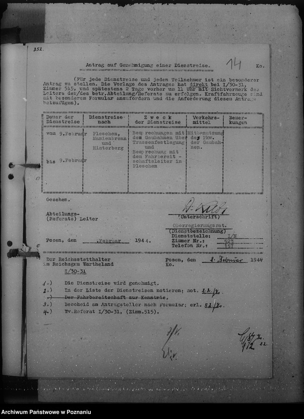 Obraz 18 z jednostki "Genehmigungen der Dienstreisen / Archivgut - Bytyn, Ceradz, Tarnowo, Starpel / i inne wyjazdy służbowe"