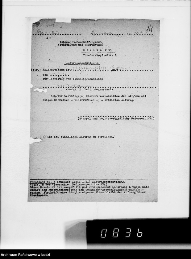 Obraz 18 z jednostki "5005 Kriegsauftrag 5121-304.843 1000 Stück Wachtpost Pelze HBA- Berlin"