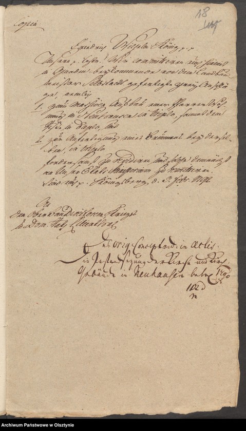 image.from.unit.number "Die Anfertigung eines gebohrten und mit Maurer Steinen ausgesetzten Senk Braunnens bey der Prediger Wohnung in Neuhausen [Romnowo]"