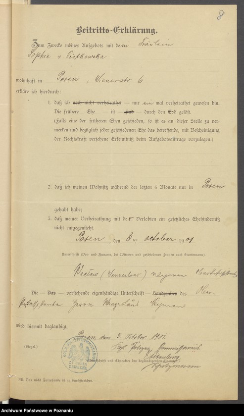 Obraz 10 z jednostki "Die von den Verlobten beigebrachten Urkunden zur Eheschliessung pro 1901. Vol XVI"