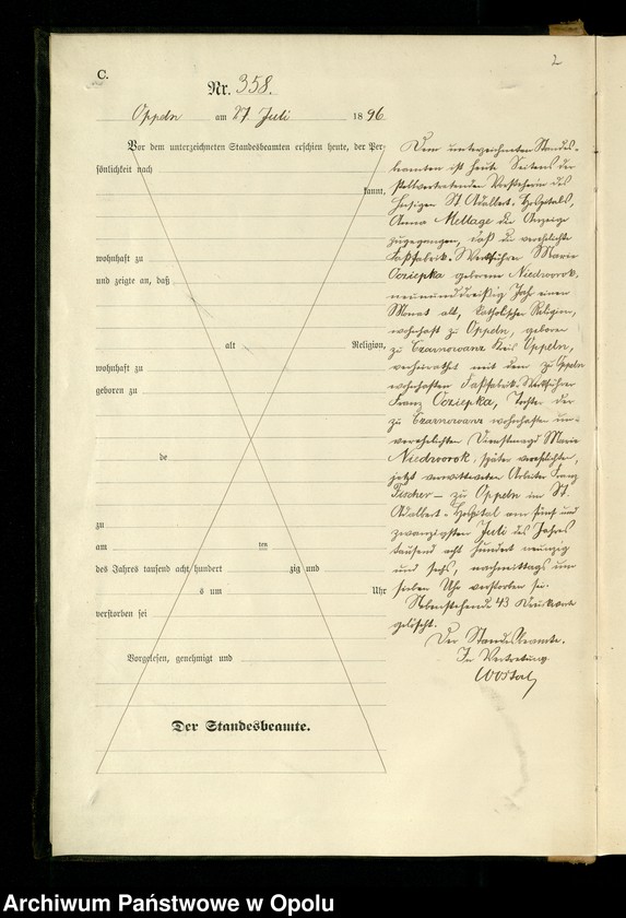 Obraz 5 z jednostki "Urząd Stanu Cywilnego w Opolu 1896 Rejestr zgonów Księga Miejscowa Nr 357 do 607"
