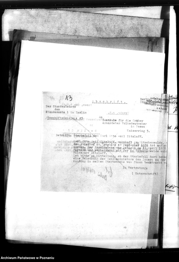 Obraz 17 z jednostki "Schriftwechsel mit Berlin- z Urzędu Stanu Cywilnego i Min. Spraw Wewnętrznych - w sprawie wystawienia świadectw zgonu"