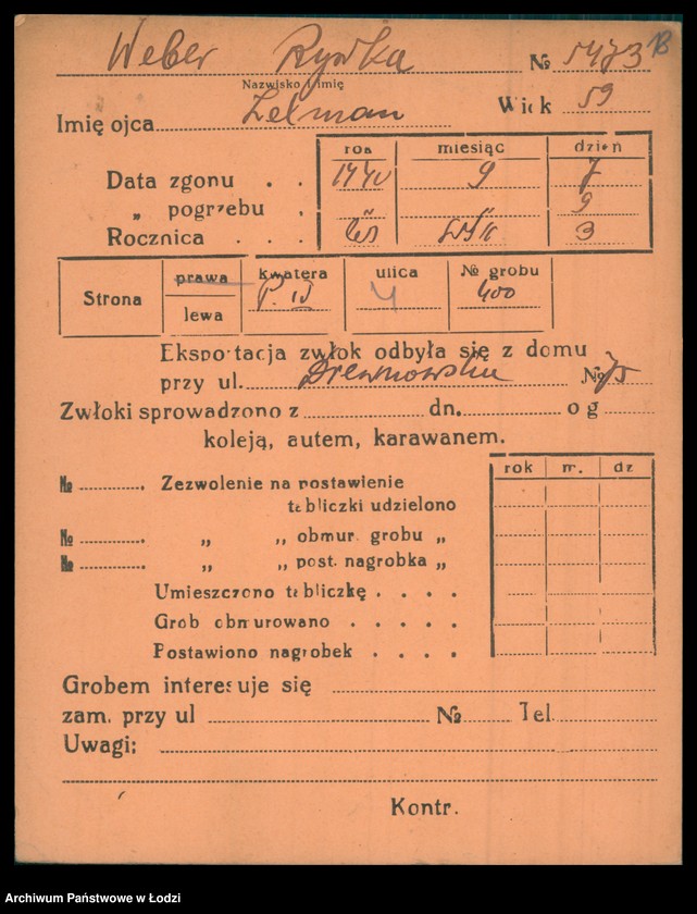 Obraz 19 z jednostki "Kartoteka osób pochowanych na cmentarzu żydowskim przy ulicy Brackiej w latach 1892-1957. Nazwiska na litery: Wd-Wis"