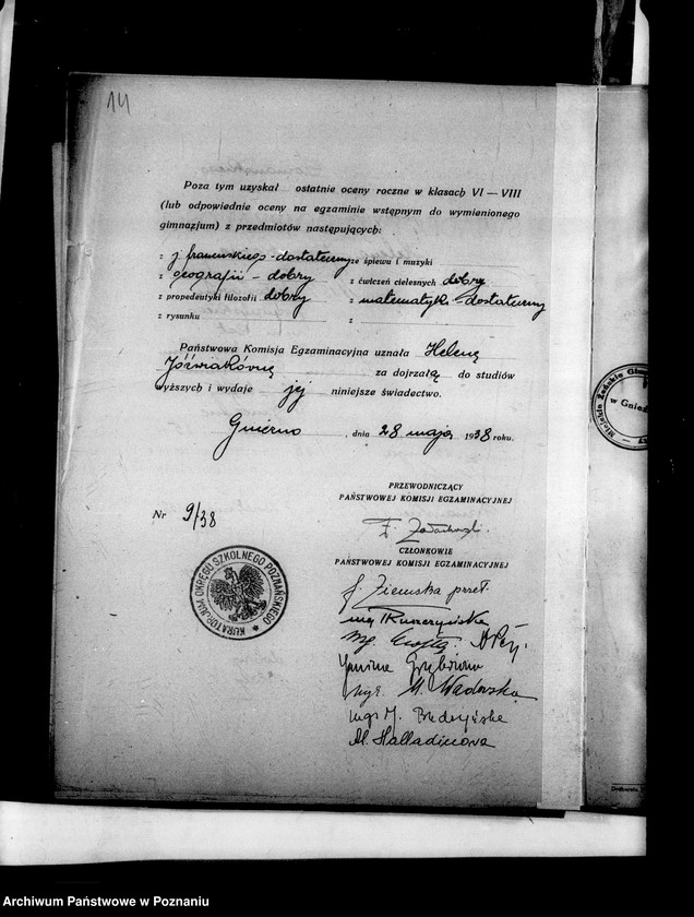 Obraz 18 z jednostki "Miejskie Gimnazjum Żeńskie imienia Błogosławionej Jolanty- Gniezno- [w tym protokoły egzaminów dojrzałości i świadectwa dojrzałości z 1938 roku]"