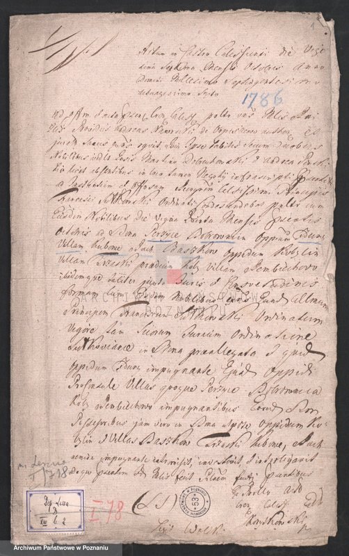 Obraz 2 z jednostki "Ekstrakt z ksiąg grodzkich kaliskich wpisu z 1786. 27. X pozwu sądowego w sprawie pretensji Franciszka Sułkowskiego do niektórych majętności; język łaciński"