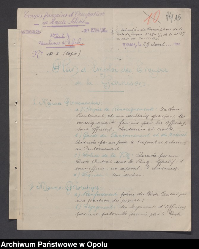 Obraz 16 z jednostki "/Plany obrony poszczególnych garnizonów przez oddziały wojsk francuskich na Górnym Śląsku na wypadek alarmu/"