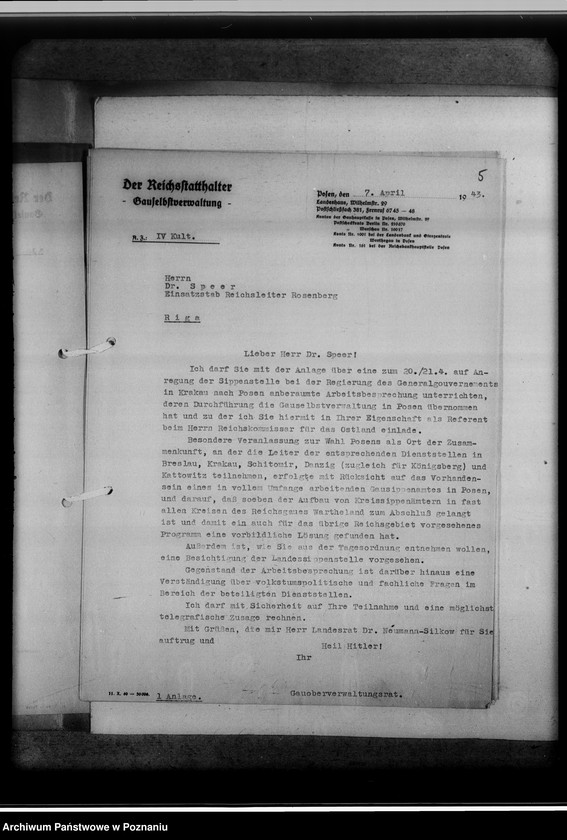 Obraz 9 z jednostki "Tagesordnung zur Arbeitsbesprechung der Sippenamtsleiter aus den Ortsgebieten in Posen [Poznań] [oraz korespondencja]"