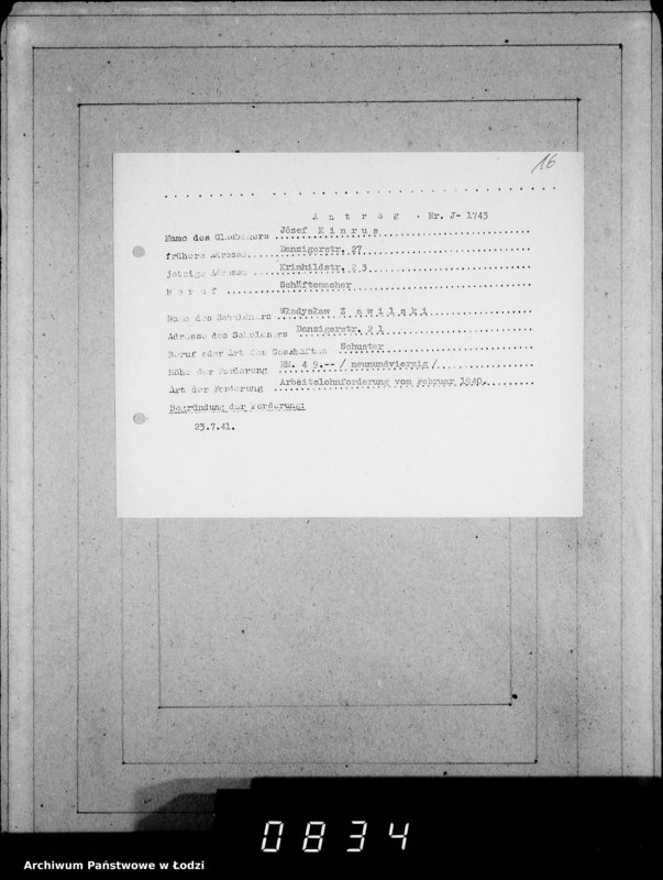 Obraz 20 z jednostki "J 1741-1760 [Wnioski Żydów z Getta o zwrot należności za towar wzięty na kredyt]"