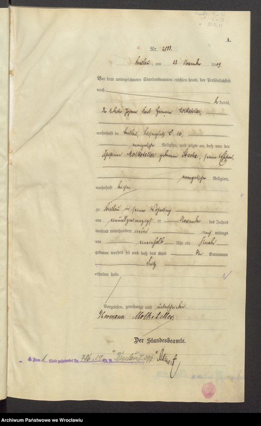 image.from.unit.number "Geburts-Haupt-Register Breslau IV 1909 Band 8"