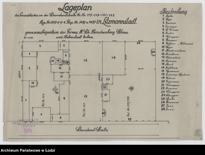 Obraz 1 z jednostki "Lageplan des Grundstückes an der Scharnhorststraße Nr 117, 119, 121, 123, Hyp. Nr 1575-6-7-8, Rep. Nr 3487 und 4877 in Litzmannstadt"