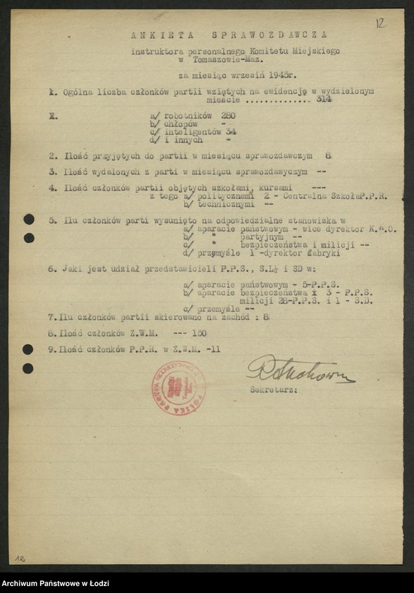 Obraz 13 z jednostki "Ankiety sprawozdawcze instruktora Komitetu Miejskiego Tomaszów Mazowiecki [z załącznikami]"