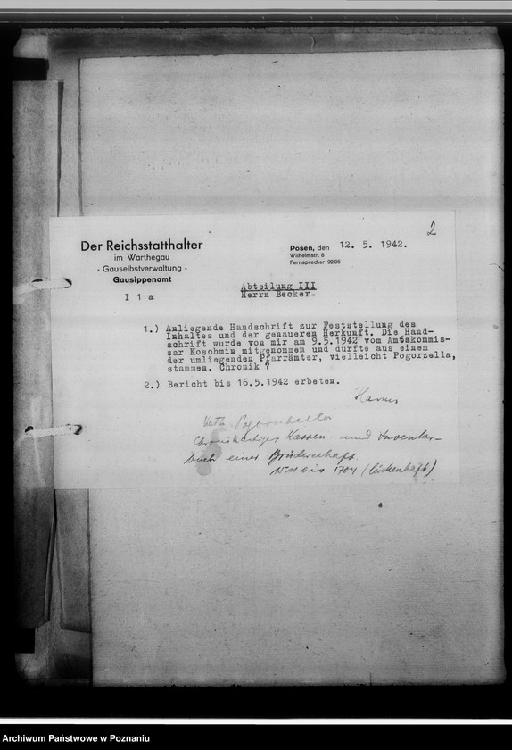 Obraz 6 z jednostki "[Korespondencja w sprawie przekazania teczki z rycinami Grottgera, książek polskich oraz szczątków fragmentarycznych akt polsko-katolickich gmin kościelnych z dekanatów: Środa, Chodzież, Międzychód oraz Kościan]"