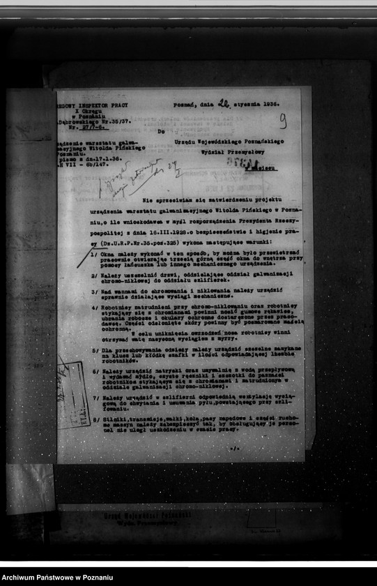 Obraz 13 z jednostki "Zatwierdzenie zakładu przemysłowego /warsztatu galwanizacyjnego/ W. Pińskiego w Poznaniu"