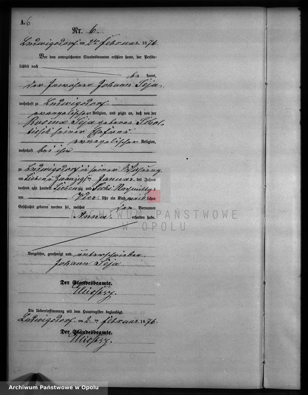image.from.unit.number "Geburts-Neben-Register Standesamts Ludwigsdorf pro 1876"