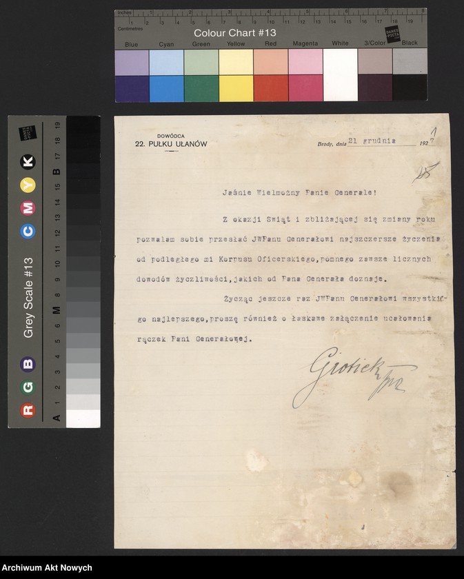 image.from.unit.number "Grobicki Jerzy, pułkownik, dowódca 22 pułku ułanów. Życzenia świąteczne i noworoczne."