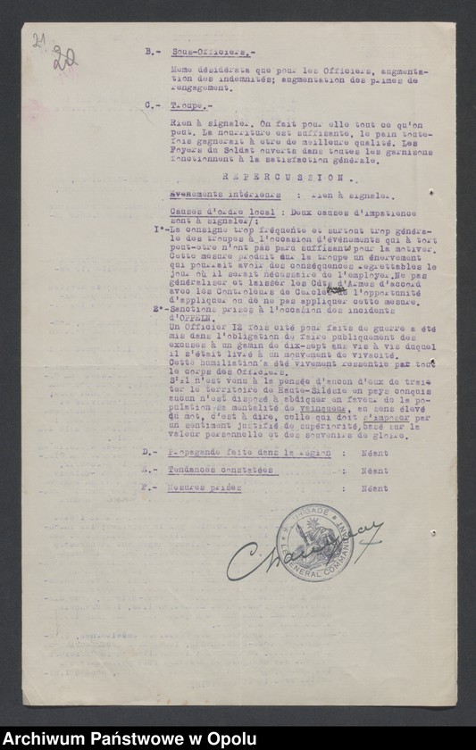 Obraz 20 z jednostki "/Raporty miesięczne oddziałów wojsk francuskich o morale żołnierzy/ V 1920"