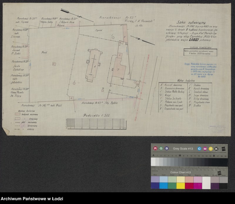 Obraz 1 z jednostki "Szkic sytuacyjny Nieruchomości Numer 1742 repertorium hipoteczne 4485 na mocy zapisu w dziale II wykazu hipotecznego stanowiącej własność "Rzymsko-Katolickiej Parafji Św. Józefa" przy ulicy Ogrodowej Numer 22 w wojewódzkim mieście Łodzi położonej"