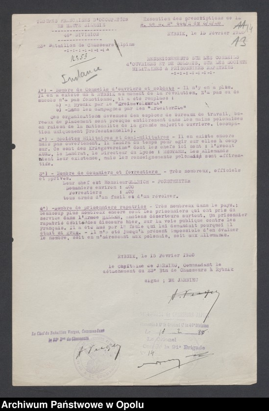 Obraz 16 z jednostki "Tableau des forces de Police, Einwohnerwehr SP, Tendances Militaires /1. Tablica przedstawiająca stan sił policji niemieckiej " Sicherheitspolizei" 2. Wiadomości o radach robotniczych i żołnierskich, 3. Wiadomości o organizacji niemieckiej "Einwohnerwehr" 4. Wiadomości o organizacji "Sicherheitspolizei". 5. Wiadomości o różnych organizacjach niemieckich paramilitarnych/"