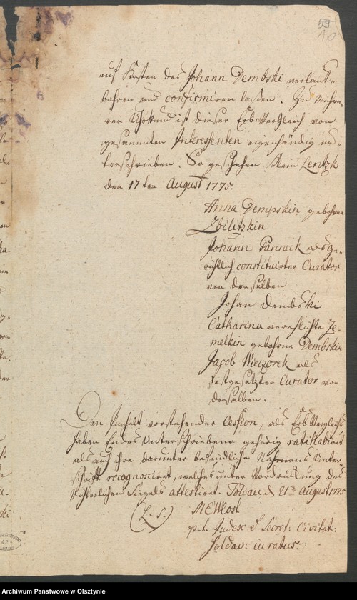 image.from.unit.number "In S. [Sachen] der Wittwe des verstorbenen Andreas Dembski Anna geb. [geborene] Sbilitzkin/ Zbilitzkin wegen der ihrem leibl. [leibliche] Sohn dem Johann Dembski erb und eigenthümlich überlassenen 1 1/2 adel. [adeliche] Hube zu Kl. [Klein] Lentzko [Mały Łęck]"