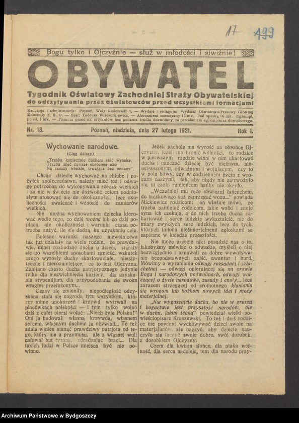 Obraz 19 z jednostki "[Druki wydawane przez Komendę Główną Zachodniej Straży Obywatelskiej w Poznaniu]"