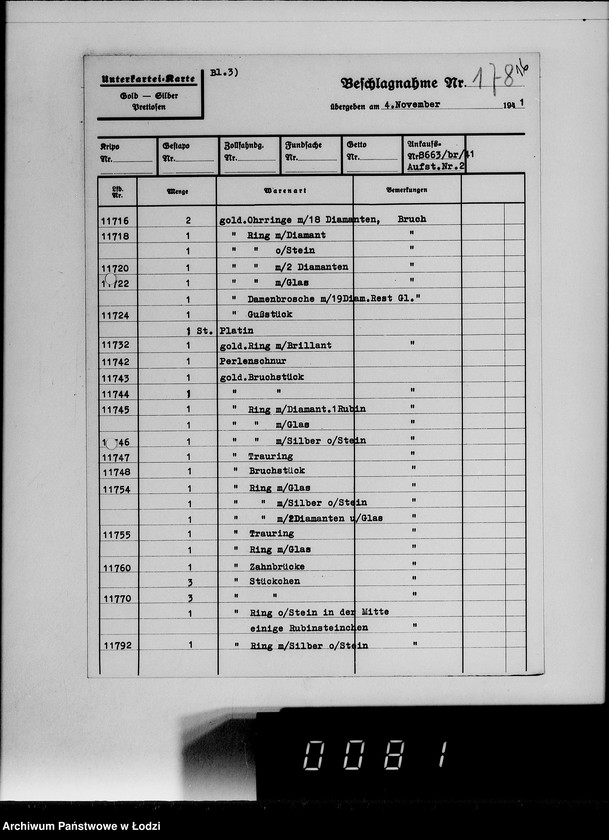 Obraz 20 z jednostki "Ankauf vom J.A.[Kartoteka dostaw skonfiskowanych kosztowności]"