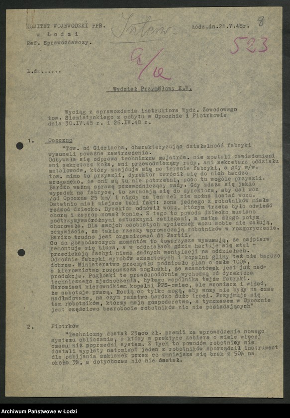 Obraz 9 z jednostki "[Wyciągi] Referatu Sprawozdawczego [dla wydziałów i Komisji Kontroli Partyjnej z protokołów zebrań i sprawozdań instruktorów]"