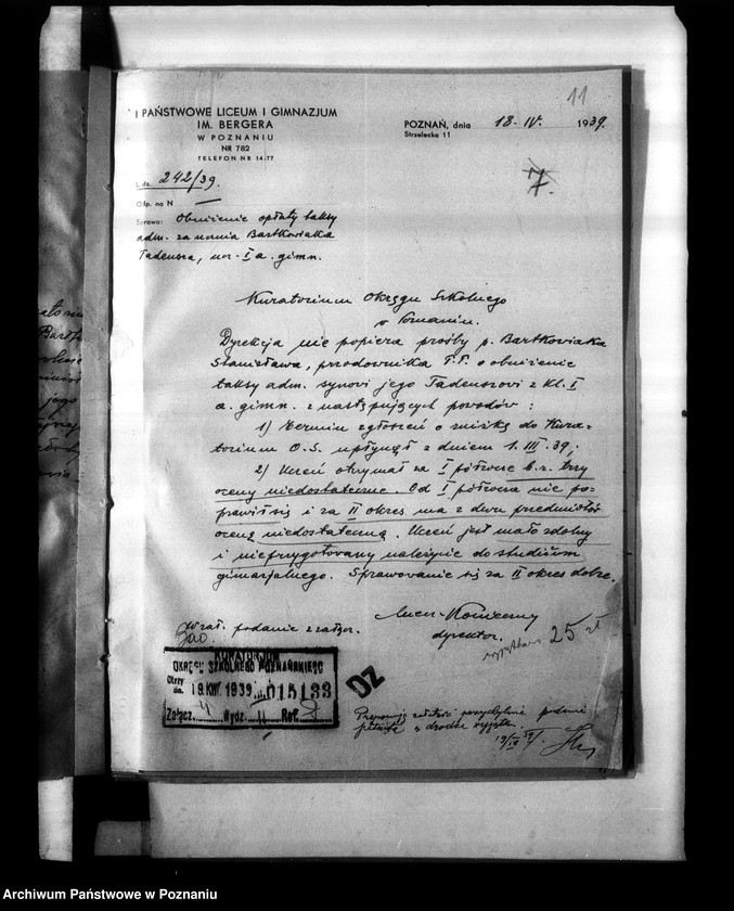 Obraz 15 z jednostki "Państwowe Liceum i Gimnazjum Męskie imienia Bergera w Poznaniu [korespondencja, między innymi spis abiturientów]"