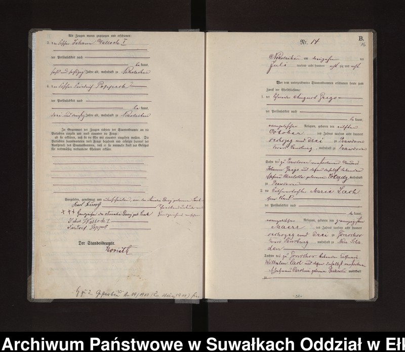 Obraz 18 z jednostki "Heiraths-Haupt-Register des Königlichen Preussischen Standes-Amtes /Stadt/ Nikolaiken Kreis Sensburg für das Jahr 1887 Nikolaiken Kreis Sensburg für das Jahr 1888"