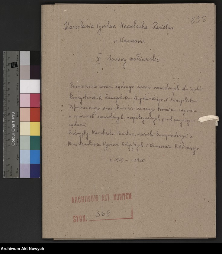 image.from.unit.number "Przeniesienie forum sądowego spraw rozwodowych do Sądów Konsystorskich Ewangelicko - Augsburskiego i Ewangelicko - Reformowanego oraz skrócenie rocznego terminu zapozwu w sprawach rozwodowych, rozpatrywanych przed najwyższymi sądami. Reskrypty Naczelnika Państwa, wnioski, korespondencja z Min. Wyznań Religijnych i Oświecenia Publicznego"
