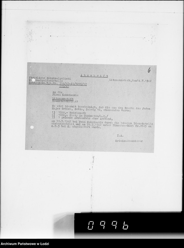 Obraz 8 z jednostki "H.T.O. [Korespondencja z Haupttreuhandstelle Ost w sprawach finansowych oraz majątku żydowskiego]"