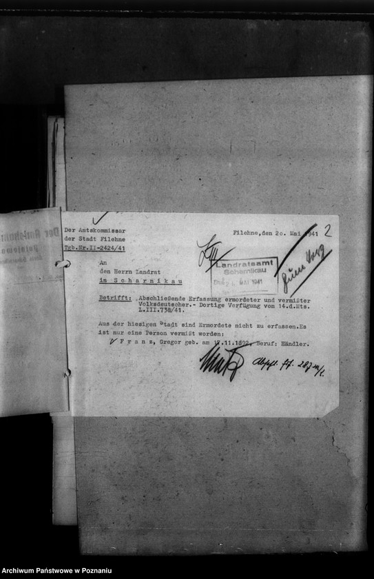 Obraz 6 z jednostki "Kreis Scharnikau (Czarnków). Wykazy miejscowych Niemców, którzy zginęli w 1939 roku - korespondencja"