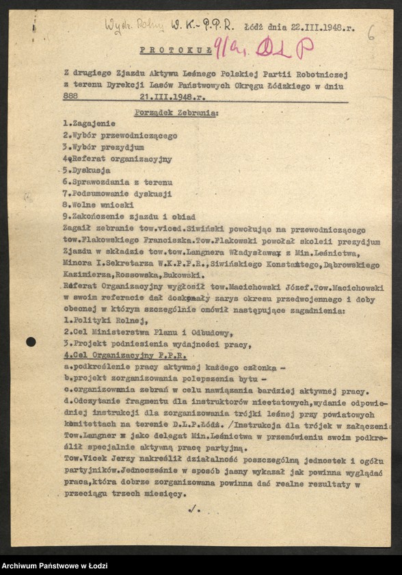 Obraz 7 z jednostki "[Protokoły, informacje, referat z posiedzeń sekcji leśnej, egzekutywy PPR, zjazdu aktywu leśnego przy Dyrekcji Lasów Państwowych, sekcji leśnych przy Wydziale Rolnym KW i komitetach powiatowych]"