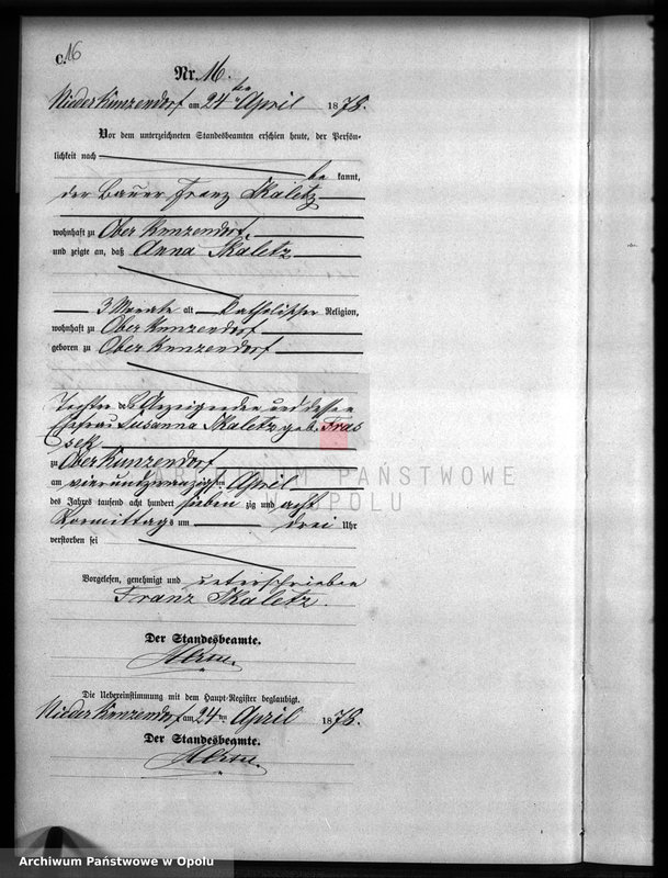 Obraz 20 z jednostki "Sterbe-Neben-Register Standesamts Kunzendorf pro 1878"