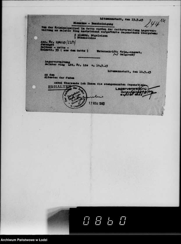 Obraz 18 z jednostki "[Konfiskata przez Kripo w Getcie ruchomego mająktu żydowskiego] Nr 1-250"