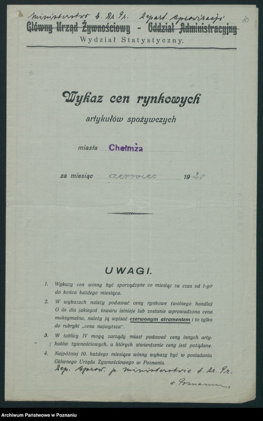 Obraz 11 z jednostki "[Wykaz cen rynkowych artykułów spożywczych w poszczególnych miastach Województwa Pomorskiego za miesiące czerwiec i lipiec 1920 roku]"