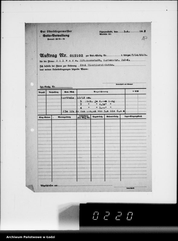 Obraz 13 z jednostki "Aufträge 7611-12089 und Rechnungen Firma Silvars G.m.b.H.Litzmannstadt auf Holzmaterial"