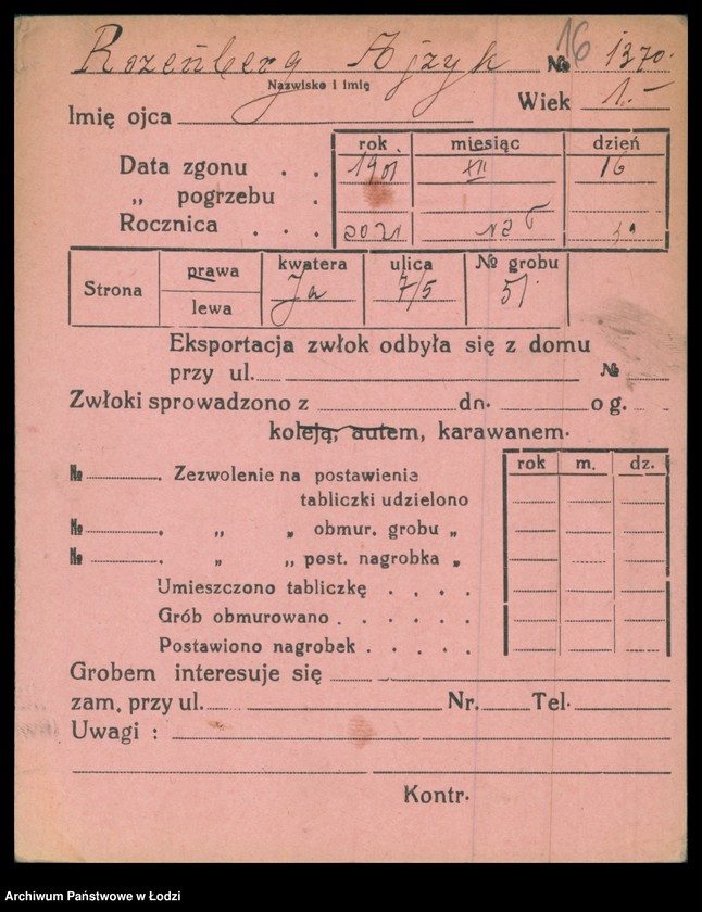 Obraz 18 z jednostki "Kartoteka osób pochowanych na cmentarzu żydowskim przy ulicy Brackiej w latach 1892-1954. Nazwiska na litery: Rozenbe-Rozenf"