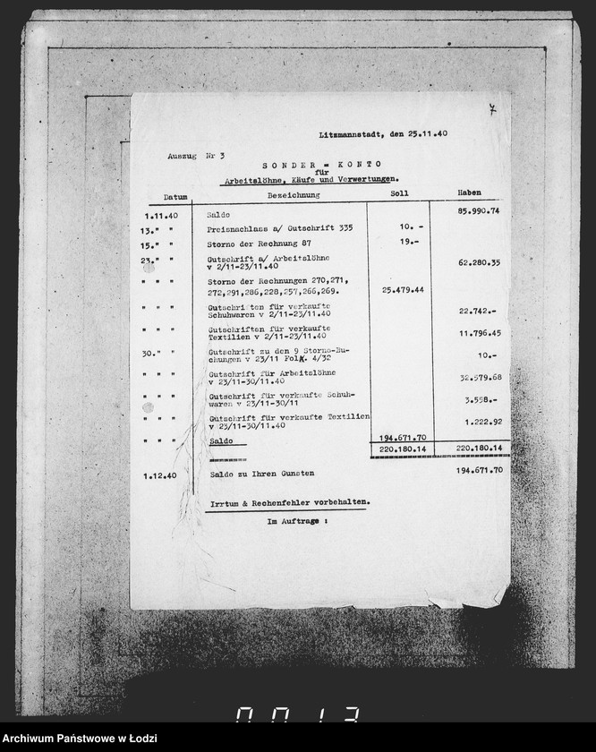 Obraz 11 z jednostki "Auszüge Aufstellungen für das Sonder-Konto"