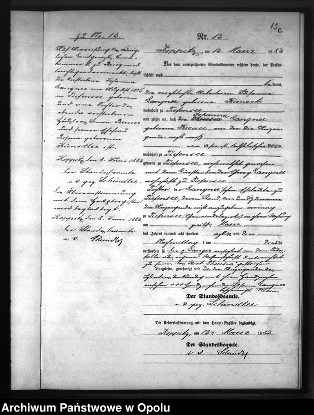 Obraz 16 z jednostki "Sterbe-Neben-Register Standesamts Koppitz pro 1883"