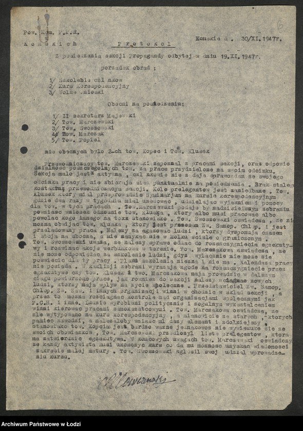 Obraz 7 z jednostki "Sprawozdania [z działalności, protokoły posiedzeń] sekcji propagandy komitetów powiatowych i komitetów miejskich"
