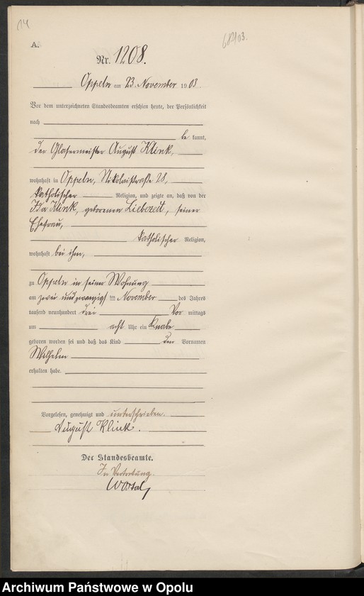 Obraz 18 z jednostki "Urząd Stanu Cywilnego w Opolu 1903 Rejestr Urodzeń Księga Miejscowa Nr 1196 do 1355"